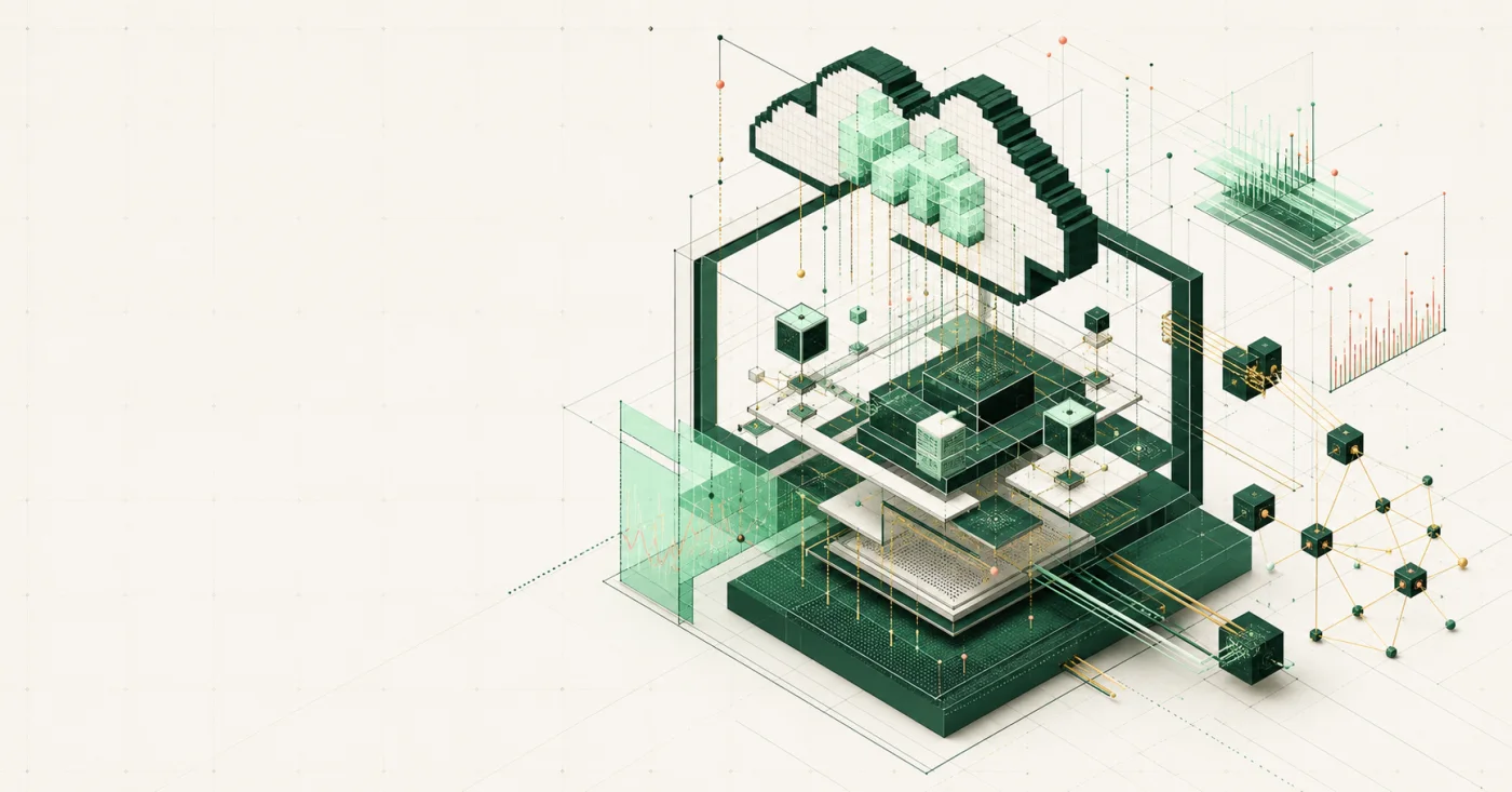Escultura de datos isométrica que conecta cloud, agentes de IA, observabilidad y redes resilientes